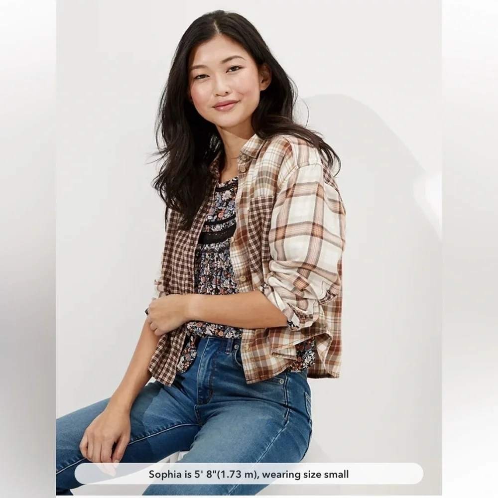 American Eagle Mixed Plaid Flannel Shirt Brown Patchwork Cropped Womens Medium